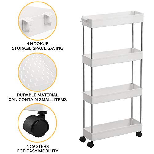 SPACEKEEPER Carro de Almacenamiento de 4 Niveles, Delgado, móvil, estantería, Carro Deslizante, Multiusos, para Cocina, Dormitorio, baño, lavadero, Lugares Estrechos, Color Blanco
