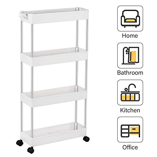 SPACEKEEPER Carro de Almacenamiento de 4 Niveles, Delgado, móvil, estantería, Carro Deslizante, Multiusos, para Cocina, Dormitorio, baño, lavadero, Lugares Estrechos, Color Blanco