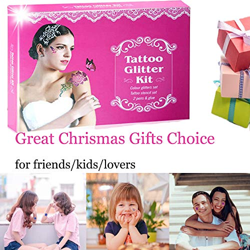 SPECOOL Kit de Tatuajes Temporales,Tatuaje de Brillo Maquillaje Body Glitter,125 plantillas,4 pinceles,3 pegamento, Regalo para fiesta de cumpleaños Año nuevo Carnaval Niñas Niños