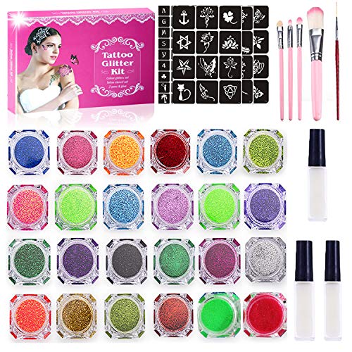 SPECOOL Kit de Tatuajes Temporales,Tatuaje de Brillo Maquillaje Body Glitter,125 plantillas,4 pinceles,3 pegamento, Regalo para fiesta de cumpleaños Año nuevo Carnaval Niñas Niños