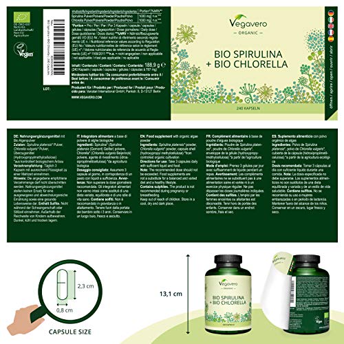 Spirulina + Chlorella Orgánica Vegavero® | 2000 mg | 240 Cápsulas | Testado en Laboratorio | Algas Marinas | Superfood rica en Clorofila | Cansancio + Energía | BIO