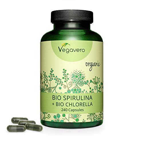 Spirulina + Chlorella Orgánica Vegavero® | 2000 mg | 240 Cápsulas | Testado en Laboratorio | Algas Marinas | Superfood rica en Clorofila | Cansancio + Energía | BIO