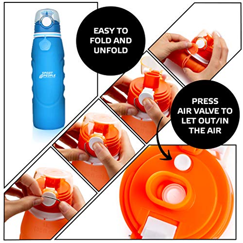 sport2people Botella de Agua Plegable de Silicona de 1 L, Calidad médica, sin BPA, con válvula de Seguridad para Viajes, Deportes, Exteriores, Camping (Blue)