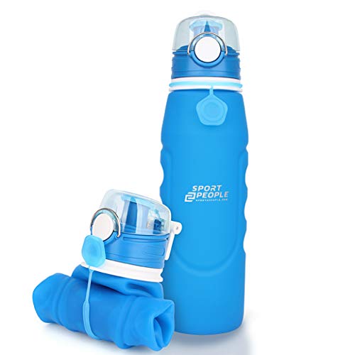 sport2people Botella de Agua Plegable de Silicona de 1 L, Calidad médica, sin BPA, con válvula de Seguridad para Viajes, Deportes, Exteriores, Camping (Blue)