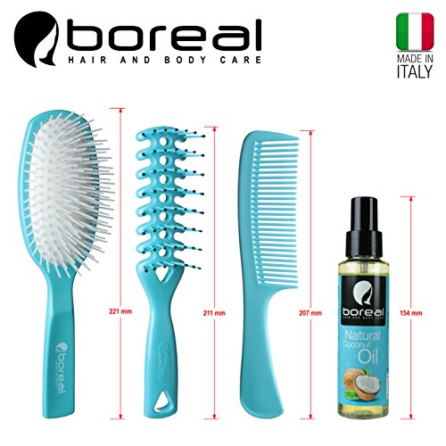 Spray aceite de coco para el cabello. Protector solar para el cabello. Set de playa para el cuidado del cabello: 100 ml de aceite de coco, cepillo neumático, cepillo desenredante, peine.