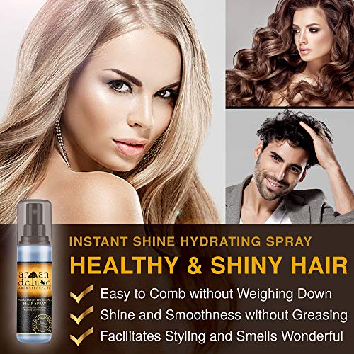 Spray desenredante bifase de cabello con calidad de peluquería de Argan Deluxe, 120ml. fórmula de cuidado desenredante altamente