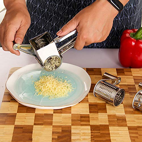 SQYX Rotary Cheese Grater Stainless Steel,Vegetable Shredder and Slicer,Free Peeler & Brush,Cheese,Chocolate,Lemon,Nuts,Ginger,Garlic (1 Piece Set)