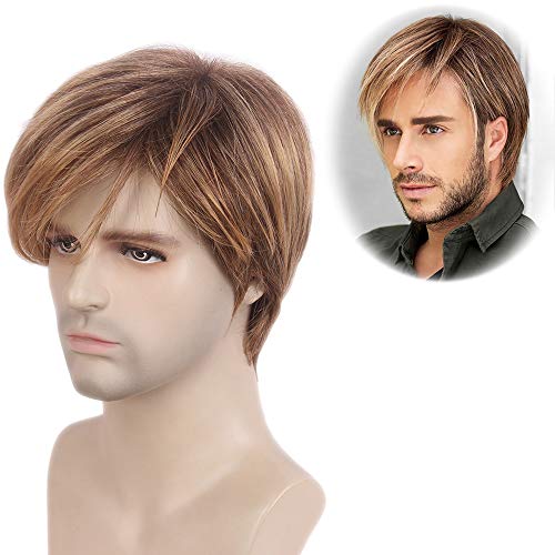 STfantasy Peluca de hombre Blonde Marrón Natural corto recta capas dos tonos Mixta Wig de pelo para uso diario Carnaval Disfraz Fiesta Halloween