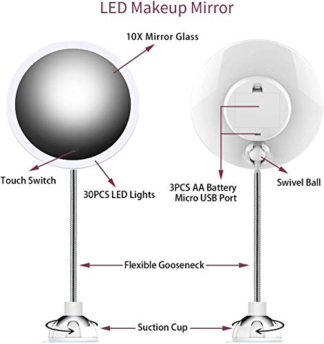 STLOVe LED Espejo de Maquillaje Aumento de 10X con Ventosa & el Cuello de Cisne Flexible Ajustable 360 ° Espejo de Baño (Mirror 2)