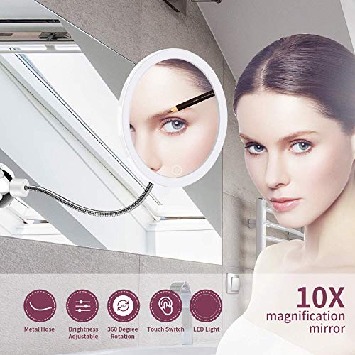 STLOVe LED Espejo de Maquillaje Aumento de 10X con Ventosa & el Cuello de Cisne Flexible Ajustable 360 ° Espejo de Baño (Mirror 2)