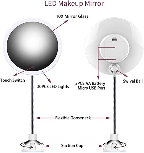 STLOVe LED Espejo de Maquillaje Aumento de 10X con Ventosa & el Cuello de Cisne Flexible Ajustable 360 ° Espejo de Baño (Mirror 4)