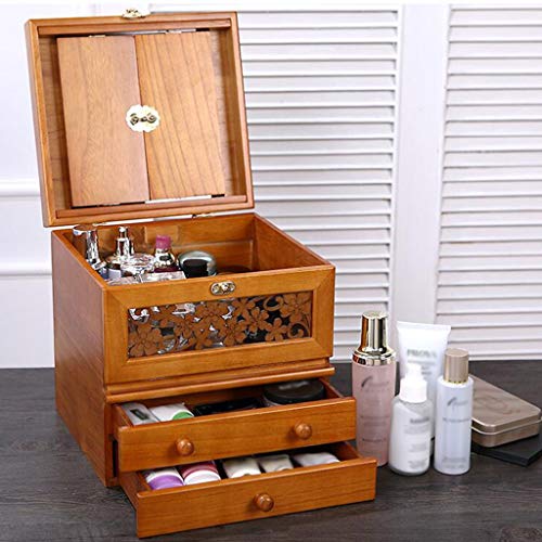 Storage Box Caja De Almacenamiento De CosméTicos De Madera, Organizador De Almacenamiento De Maquillaje, Espejo De Maquillaje, 2 Cajones, Gran Capacidad
