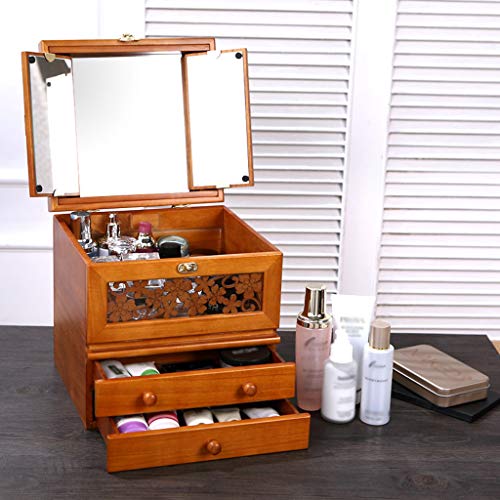 Storage Box Caja De Almacenamiento De CosméTicos De Madera, Organizador De Almacenamiento De Maquillaje, Espejo De Maquillaje, 2 Cajones, Gran Capacidad