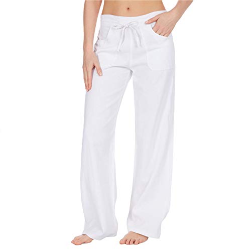 Style It Up - Pantalones de lino para mujer, estilo informal, para vacaciones, playa, chino, caqui, cargo. Blanco blanco 48