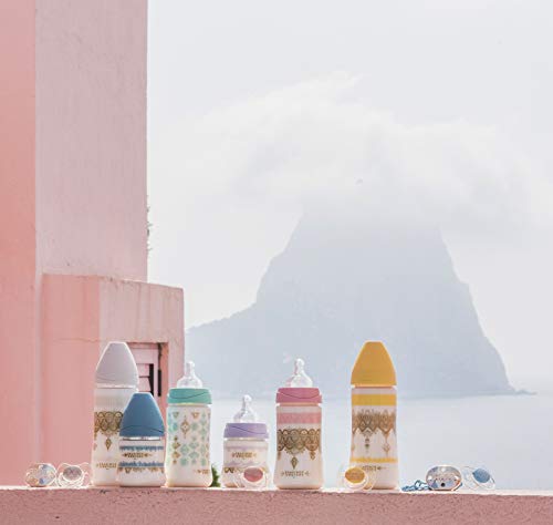 Suavinex - Biberón bebé Premium Haute Couture. Tetina redonda silicona flujo Denso (para papillas), 360ml. Biberón +4 meses. 0% BPA. diseño Étnico color verde