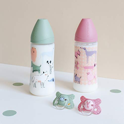 Suavinex - Biberón para bebés +4 meses con tetina flujo Denso (para papillas) de silicona, 360 ml, Perritos Verde