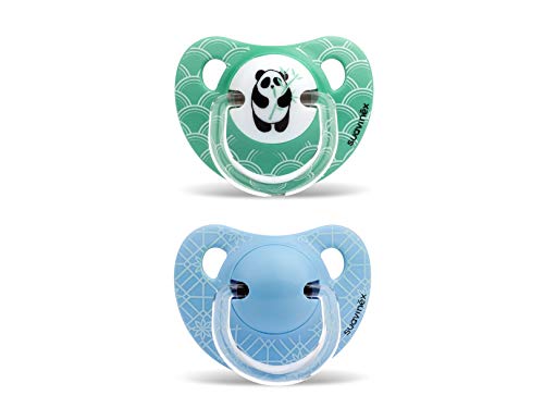 Suavinex - Pack de 2 Chupetes Suavinex 6-18 Meses. Tetina Anatómica de Silicona 0% Bisphenol, Color Verde y Azul Diseño Panda