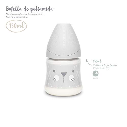 Suavinex Set Premium Recién Nacido con Biberón 150ml, 270ml y 360ml, Dosificador de leche, Chupete fisiológico -2-4 meses, Broche cinta y Cuchara, Gris