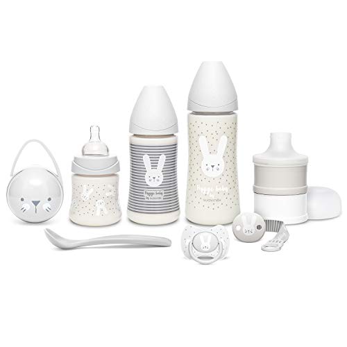 Suavinex Set Premium Recién Nacido con Biberón 150ml, 270ml y 360ml, Dosificador de leche, Chupete fisiológico -2-4 meses, Broche cinta y Cuchara, Gris