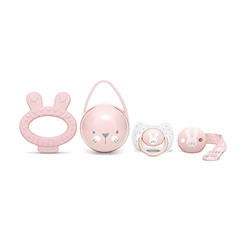 Suavinex Set Premium Recién Nacido con Chupete fisiológico silicona 0-6 meses, Broche, Portachupetes y Mordedor, rosa