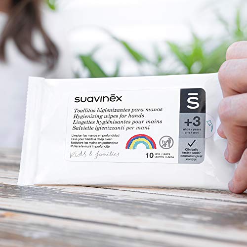 SUAVINEX, Toallitas Higienizantes de Manos Niños y Familia. Desinfección inmediata. Para Niños +3 Años, 10 toallitas. Blanco