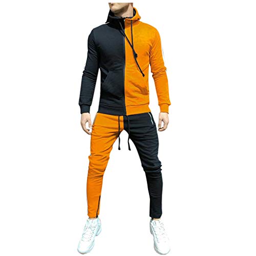 Subfamily Conjunto de Pantalones de Suéter con Cremallera y Paneles de Manga Larga con Bolsillo para Hombres, Patchwork Cremallera Sudadera Top Pantalones Conjuntos Traje Deportivo Chándal Naranja L