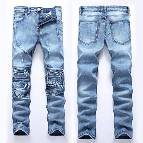 Subfamily Vaqueros Elásticos de Ajuste Individual Hole para Hombres, Pantalones de Mezclilla Elásticos de Corte Slim con Cremallera de Personalidad Moda Jeans Azul Claro 32