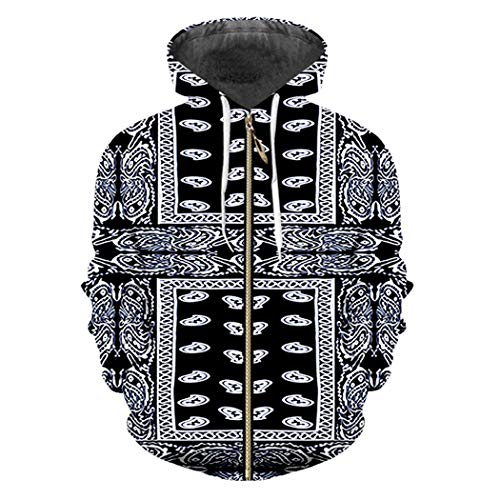 Sudaderas con Capucha de pañuelo Negro con Estampado 3D para, Sudadera de Paisley, Sudadera con Cremallera de Manga Larga para, Chaquetas con Estampado de Flores de anacardo Bandana Paisley M