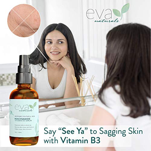 Suero de Vitamina B3 Niacinamida al 5% Eva Naturals (2 oz) - La Niacinamida Beneficia la Piel con su Increíble Propiedad Anti-Edad, Reduce Arrugas, Acné y Decoloración - con Ácido Hialurónico y Aloe