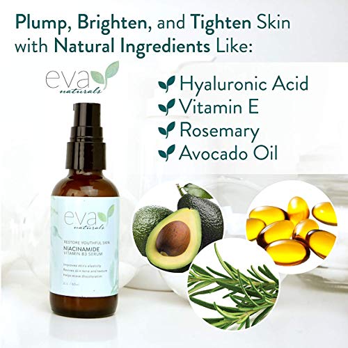 Suero de Vitamina B3 Niacinamida al 5% Eva Naturals (2 oz) - La Niacinamida Beneficia la Piel con su Increíble Propiedad Anti-Edad, Reduce Arrugas, Acné y Decoloración - con Ácido Hialurónico y Aloe