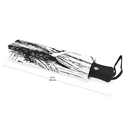 SUHETI Paraguas automático de Apertura/Cierre,Alicia en Blanco y Negro Mirando a través de Las Cortinas Puerta Oculta Aventura,Paraguas pequeño Plegable a Prueba de Viento, Impermeable