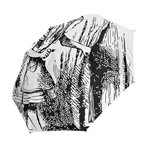SUHETI Paraguas automático de Apertura/Cierre,Alicia en Blanco y Negro Mirando a través de Las Cortinas Puerta Oculta Aventura,Paraguas pequeño Plegable a Prueba de Viento, Impermeable