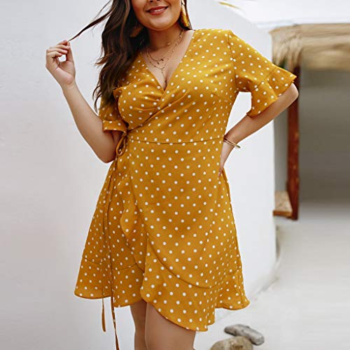 Sulifor Vestido de Manga Corta con Cuello en V y Lunares,Vestido con Cuello en V para Mujer,Vestido de Verano para Vacaciones,Vestido Talla Grande,Vestido Casual de Playa