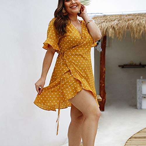 Sulifor Vestido de Manga Corta con Cuello en V y Lunares,Vestido con Cuello en V para Mujer,Vestido de Verano para Vacaciones,Vestido Talla Grande,Vestido Casual de Playa