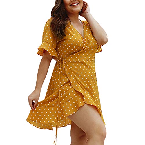 Sulifor Vestido de Manga Corta con Cuello en V y Lunares,Vestido con Cuello en V para Mujer,Vestido de Verano para Vacaciones,Vestido Talla Grande,Vestido Casual de Playa