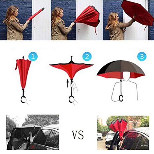 Sumeber Paraguas invertido de doble capa con mango en forma de C, paraguas plegable y resistente al viento, con bolsa de transporte
