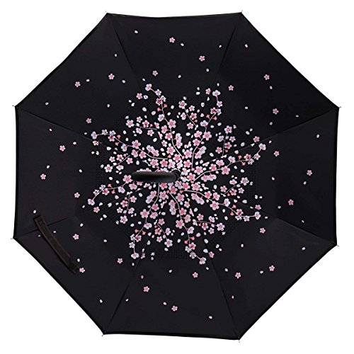 Sumeber Paraguas invertido de doble capa con mango en forma de C, paraguas plegable y resistente al viento, con bolsa de transporte