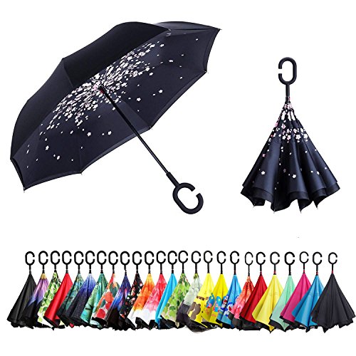 Sumeber Paraguas invertido de doble capa con mango en forma de C, paraguas plegable y resistente al viento, con bolsa de transporte