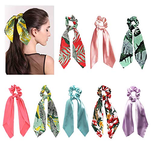 SUNPAT 8Pcs Pañuelos para el Pelo Gomas Para el Cabello Chiffon Floral Gomas Para el Cabello Bandas Para el Cabello Cola de Caballo Gomas Para el Pelo 2 en 1 Accesorios Para Mujeres Niñas
