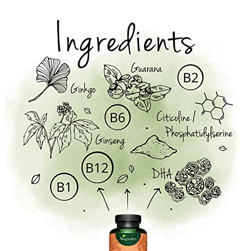 Suplemento Fatiga Mental Vegavero® | Ginseng + Omega 3 Vegano (DHA) + Cafeína de Guaraná + Ginkgo Biloba + B12 | 120 Cápsulas | Nootrópico Natural + Concentración + Memoria | Brainfood Complex
