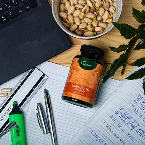 Suplemento Fatiga Mental Vegavero® | Ginseng + Omega 3 Vegano (DHA) + Cafeína de Guaraná + Ginkgo Biloba + B12 | 120 Cápsulas | Nootrópico Natural + Concentración + Memoria | Brainfood Complex