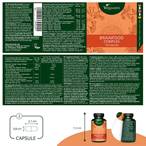 Suplemento Fatiga Mental Vegavero® | Ginseng + Omega 3 Vegano (DHA) + Cafeína de Guaraná + Ginkgo Biloba + B12 | 120 Cápsulas | Nootrópico Natural + Concentración + Memoria | Brainfood Complex