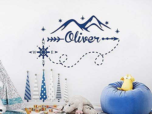 supmsds Calcomanía de Pared de montaña Nombre de niño Personalizado Calcomanías de Vinilo Adhesivo Brújula Guardería Decoración náutica Sala de Juegos Decoración del hogar 73X42CM