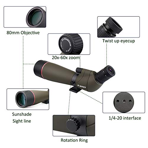 Svbony SV13 Telescopio Terrestre, 20-60x80 HD Telescopio Terrestre Potente Profesional Impermeable con Adaptador Móvil, Óptica FMC, Bolsa de Transporte para Observación de Aves Tiro al Blanco