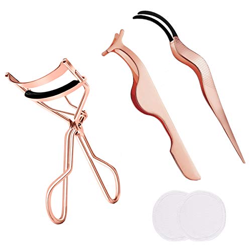 SwirlColor Aplicador Pestañas Postizas, 3 Piezas Práctica Duradera Práctica Rrosa Dorada Falsas Pestañas Pinza de Clip para Mujer, con 2 Piezas de Maquillaje Blanco Almohadillas Removedoras