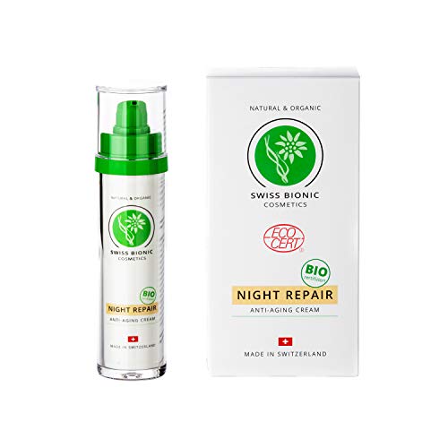 SWISS BIONIC Night Repair Crema facial antiedad – Cosmética natural con ácido hialurónico, edelweiss, aloe vera, aceite de jojoba y algas – Certificado orgánico 50 ml