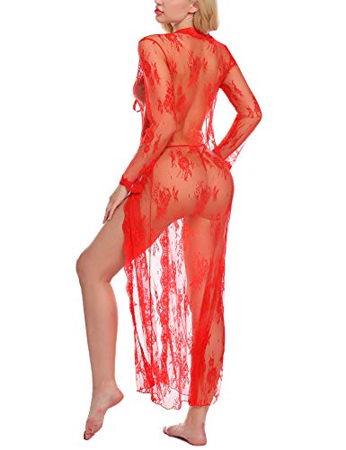 Sykooria Ropa de Dormir Sexy para Mujer, Manga Larga de Encaje Cubierta Ups Kimono Robe camisón Conjunto de lencería
