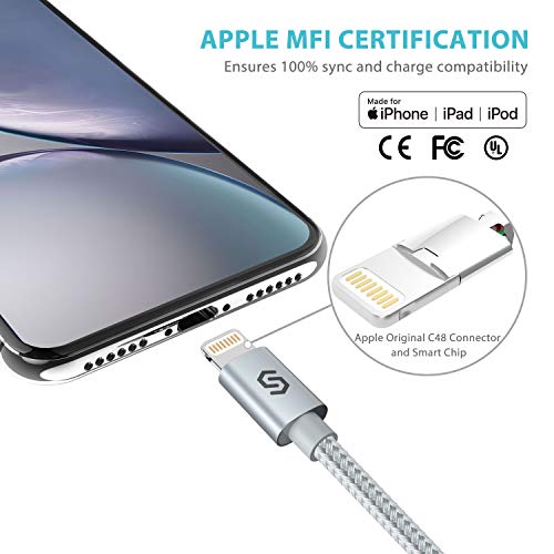Syncwire Cargador iPhone 2M Cable iPhone - [Apple MFi Certificado] - Nylon Trenzado Especial Cable iPhone Carga Rápida para iPhone 11 Pro XS MAX XR X 8 7 6S 6 Plus 5S 5C 5 SE iPad iPod, Plata