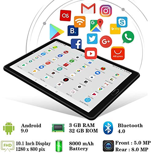 Tablet 10 Pulgadas Full HD Android 9.0 con Ranuras para Tarjetas SIM Dobles Procesador de Cuatro Núcleos, 3G + 32GB, Doble Cámara Dobles SIM Tablet Type-C Tablets,WI-FI,GPS,Bluetooth,Musica,Radio
