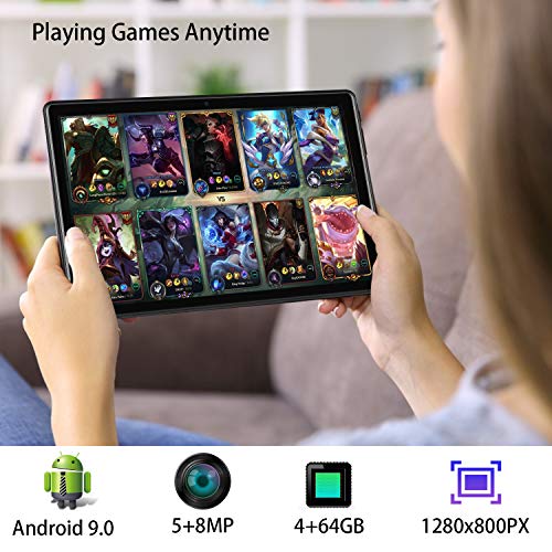 Tableta de 10 pulgadas con 4 GB de RAM, ROM de 64 GB, Tablet PC Android 9.0 4G LTE, Resolución de 1920 x 1200, 5.0 MP + 8.0 MP, WiFi | Cuatro núcleos | GPS | OTG | Bluetooth | SIM dual | Type-C, Negro